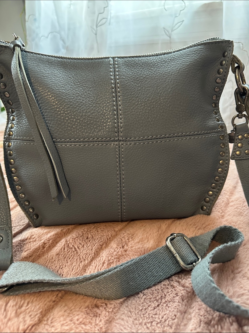 Fossil Gray Pebbled Leather Crossbody with Tassel & Stud Details
